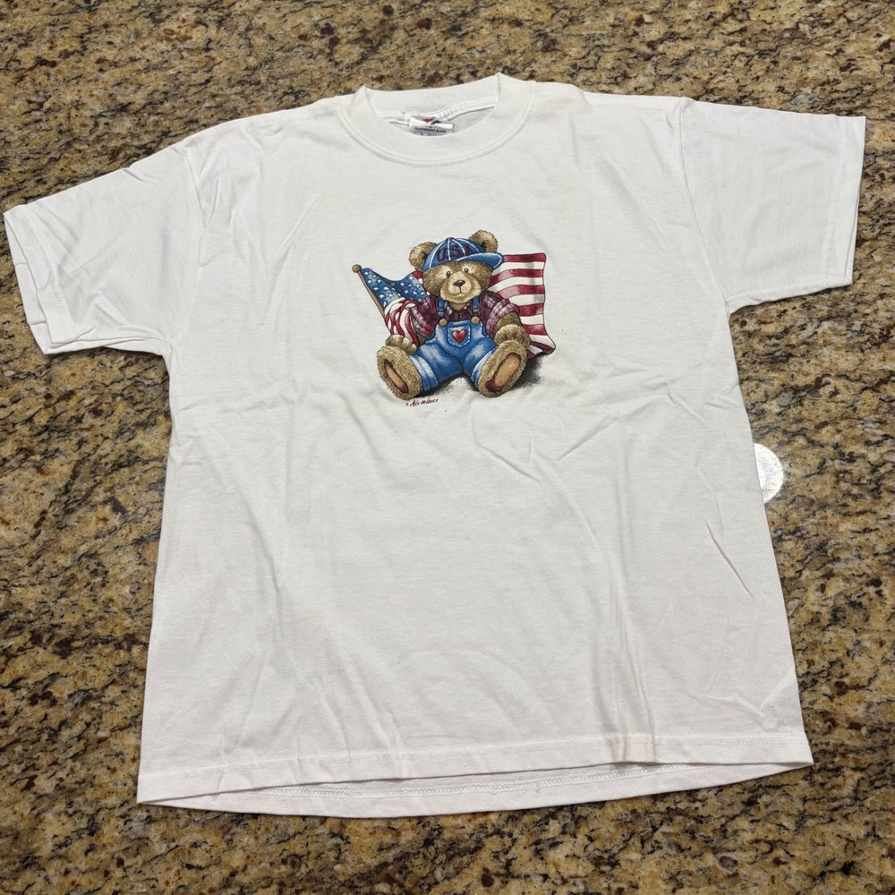 Vintage Jerzees USA Teddy Bear Flag Graphic T-Shirt Kids Large 14-16 White v